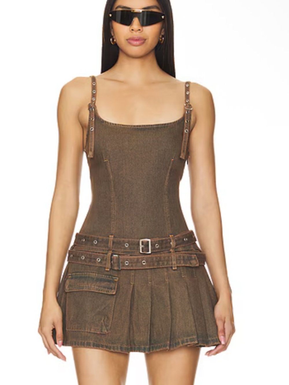 Lioness Biker Mini Dress Petrol Brown Denim belted Revolve NWT L